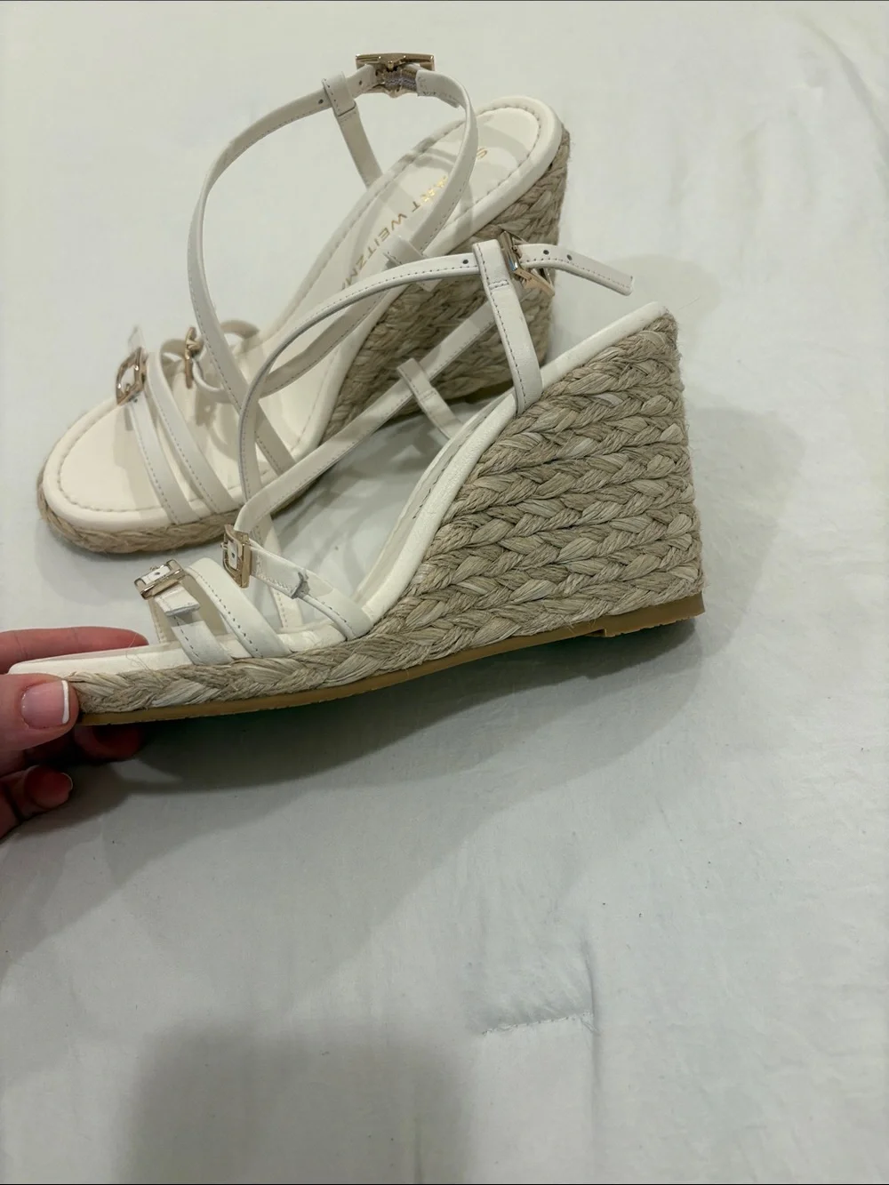 Stuart Weitzman White Leather Espadrille Wedge Sandals with Gold Buckles - Picture 2 of 6